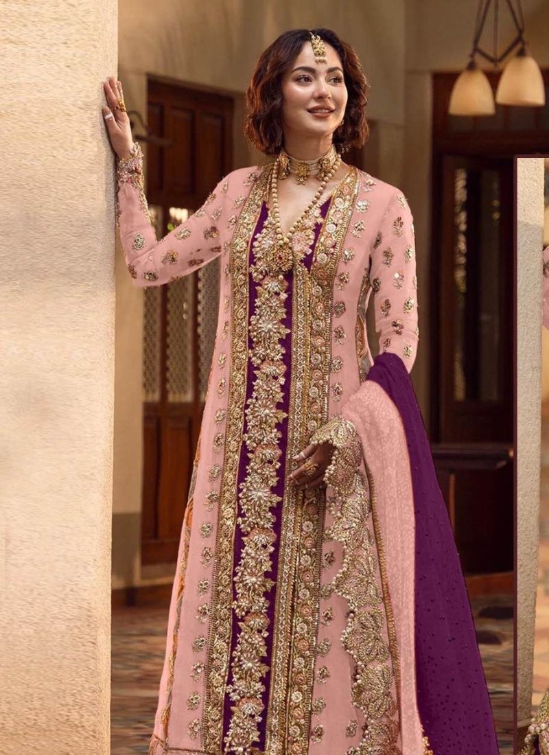 Exquisite georgette plazzo suit with pearl embroidery baby pink