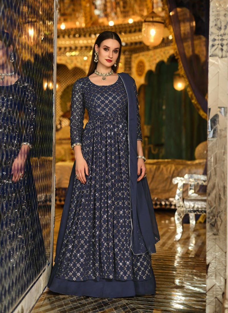 Women's beautiful printed anarkali long gown set in dark blue