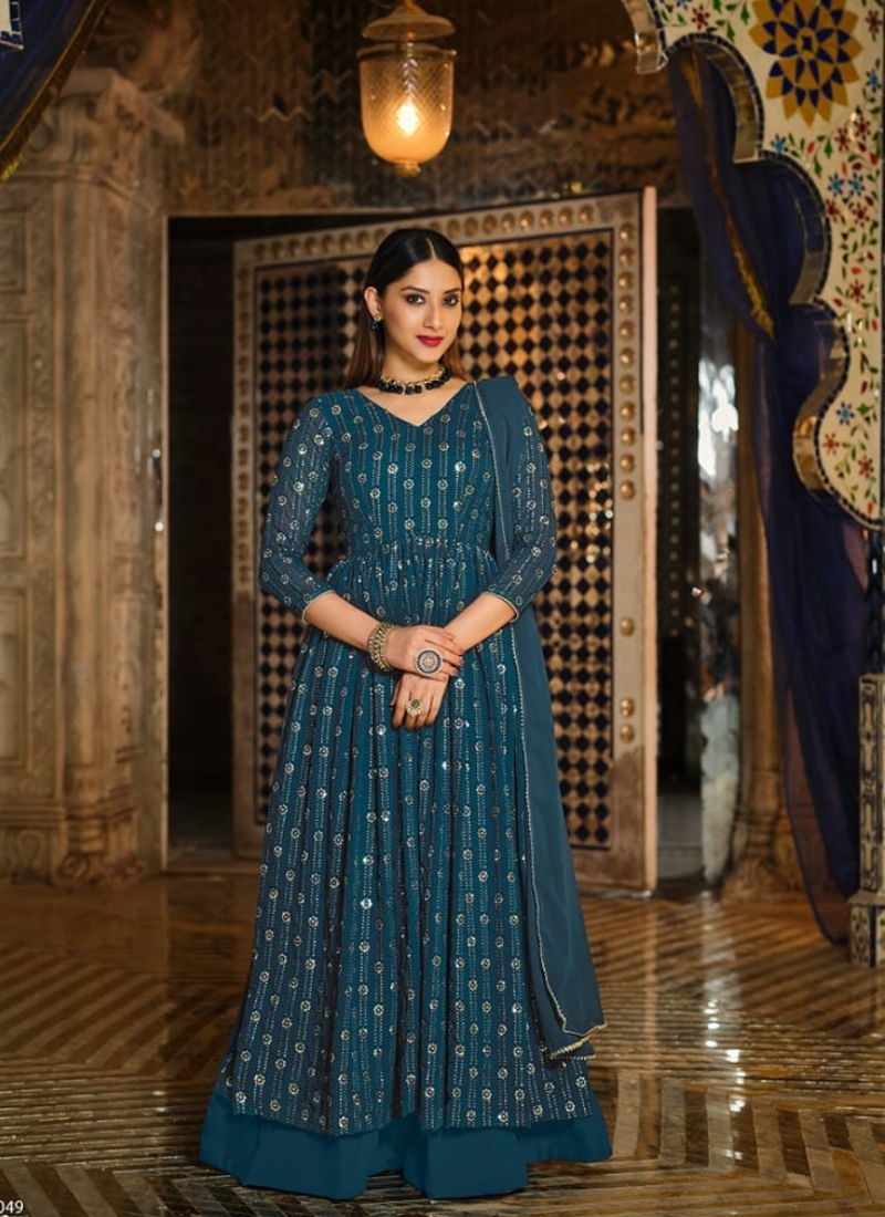 Women's beautiful printed anarkali long gown set in blue