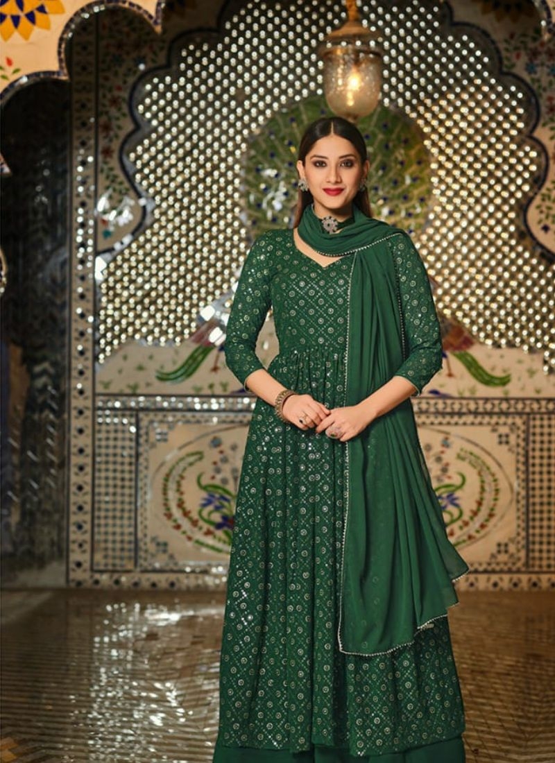 Women's beautiful printed anarkali long gown set in dark green