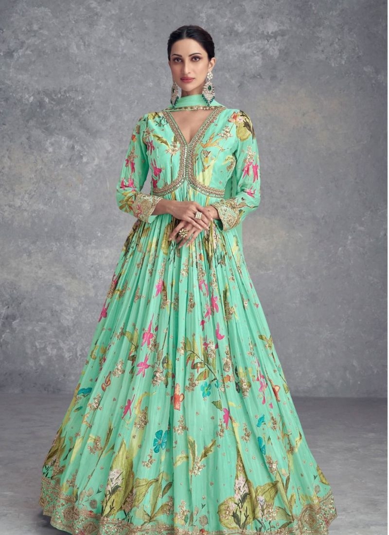 Beautiful digital printed anarkali suit in light green