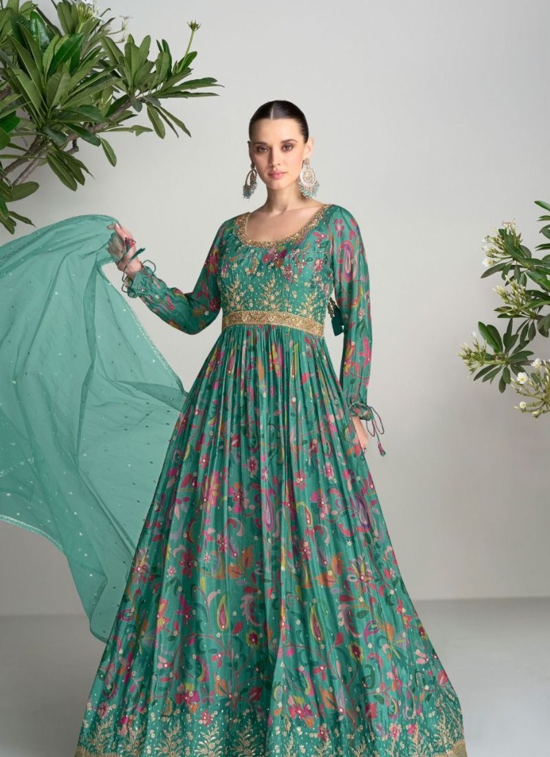 Beautiful digital printed anarkali suit in dark green