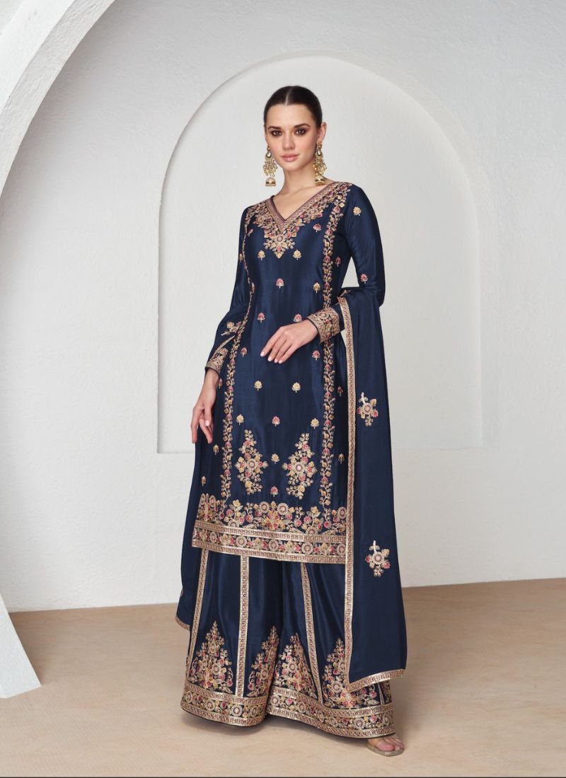 Premium chinon palazzo suit set in Dark blue