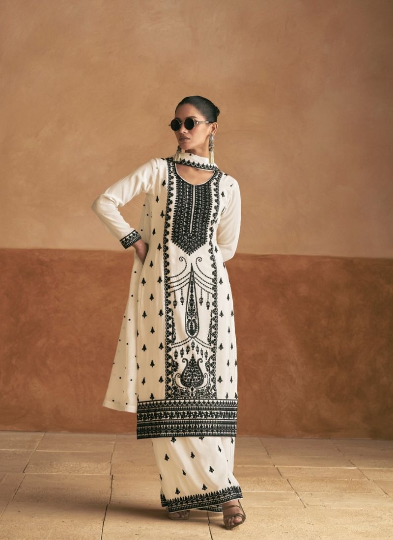 Women straight kurta pant set and dupatta in White