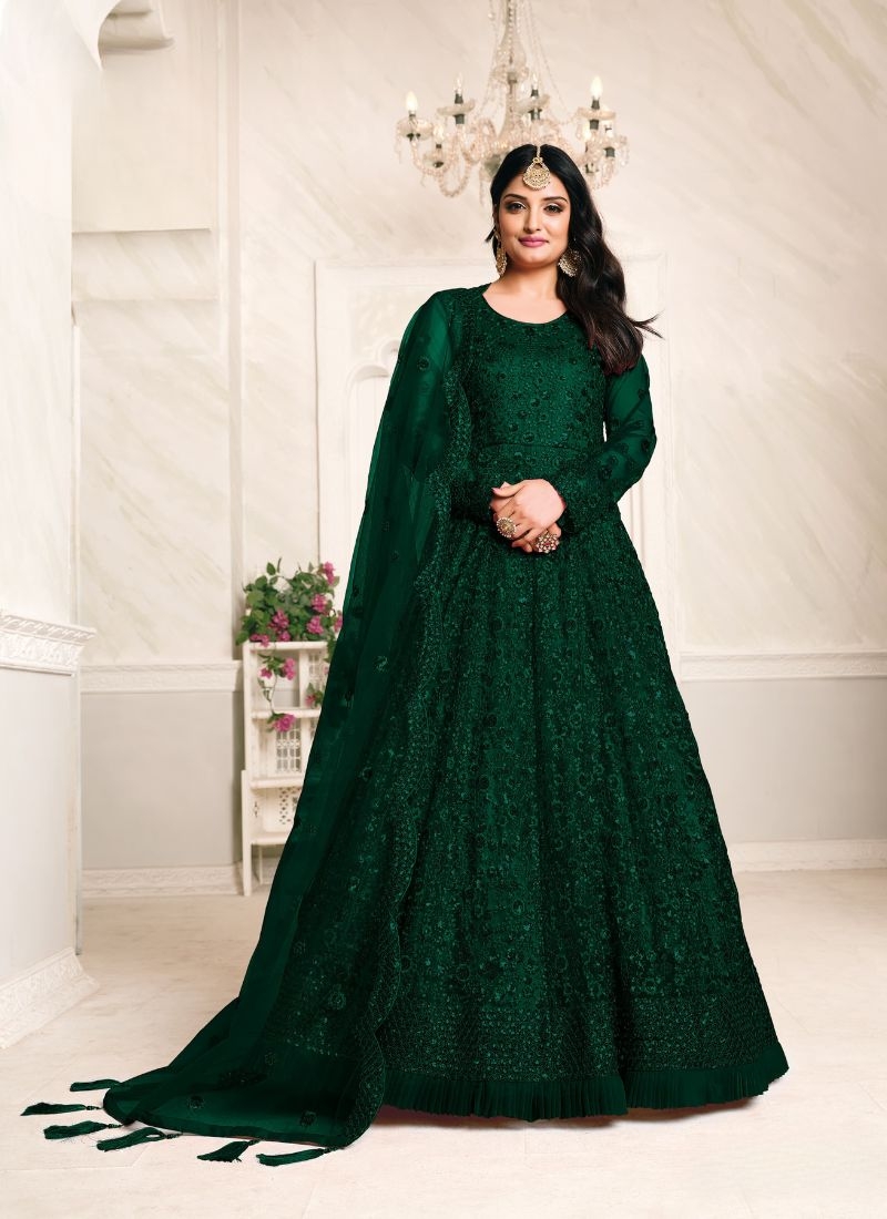 Classic net embroidered gown with dupatta in dark Green