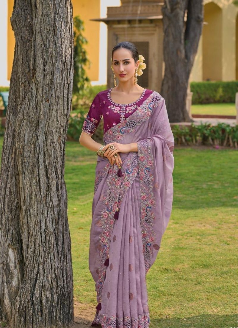 Beautiful organza silk saree with cut work in border in light purple