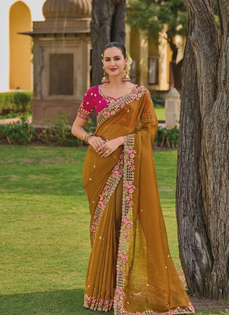 Beautiful organza silk saree with cut work in border in yellow