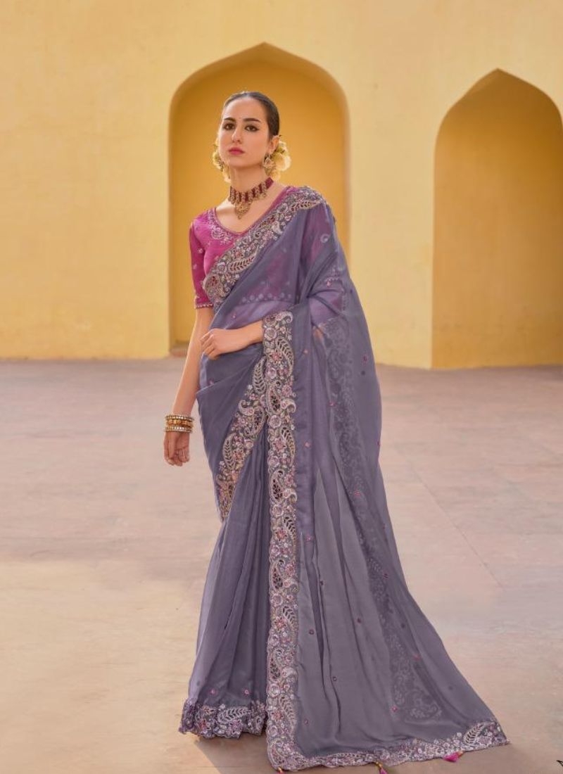 Beautiful organza silk saree with cut work in border in purple