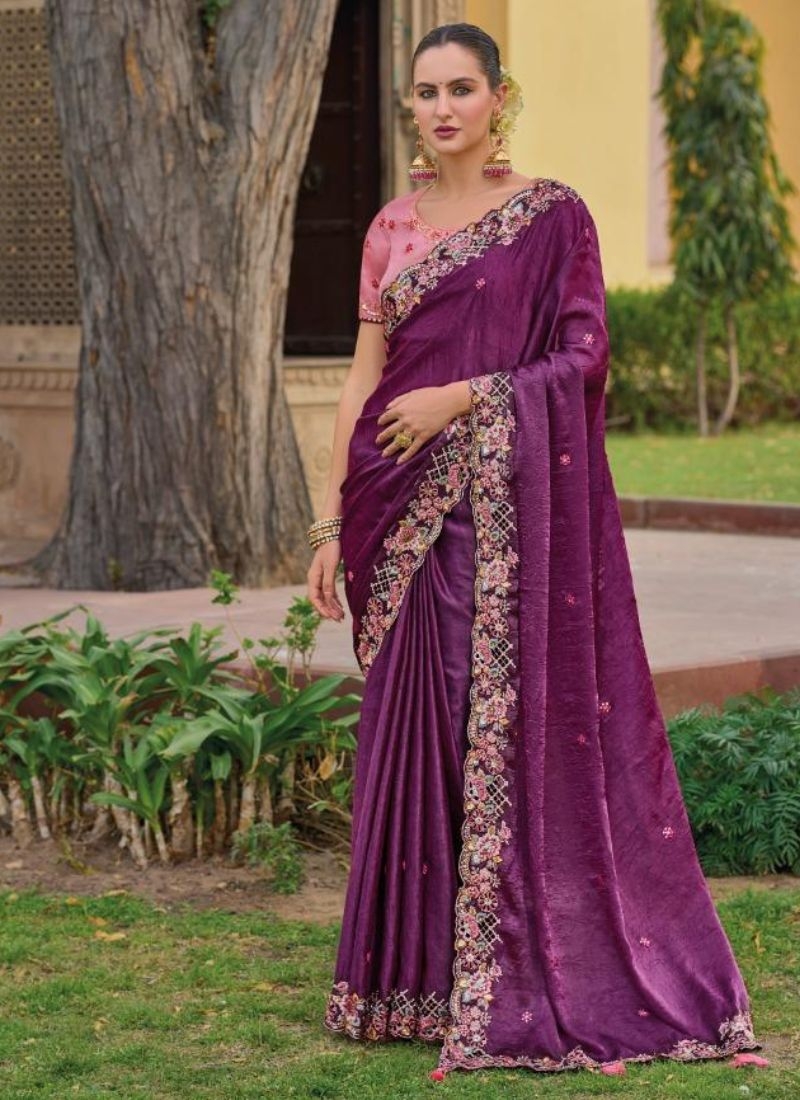 Beautiful organza silk saree with cut work in border in wine