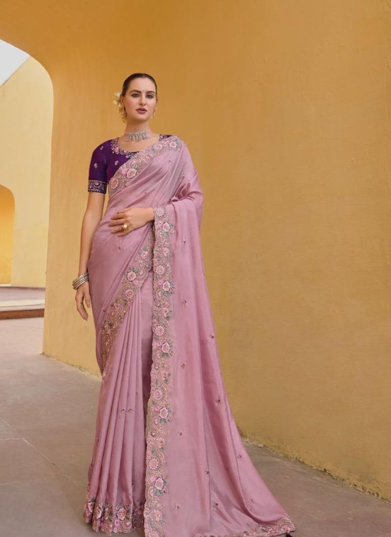 Beautiful organza silk saree with cut work in border in lavender