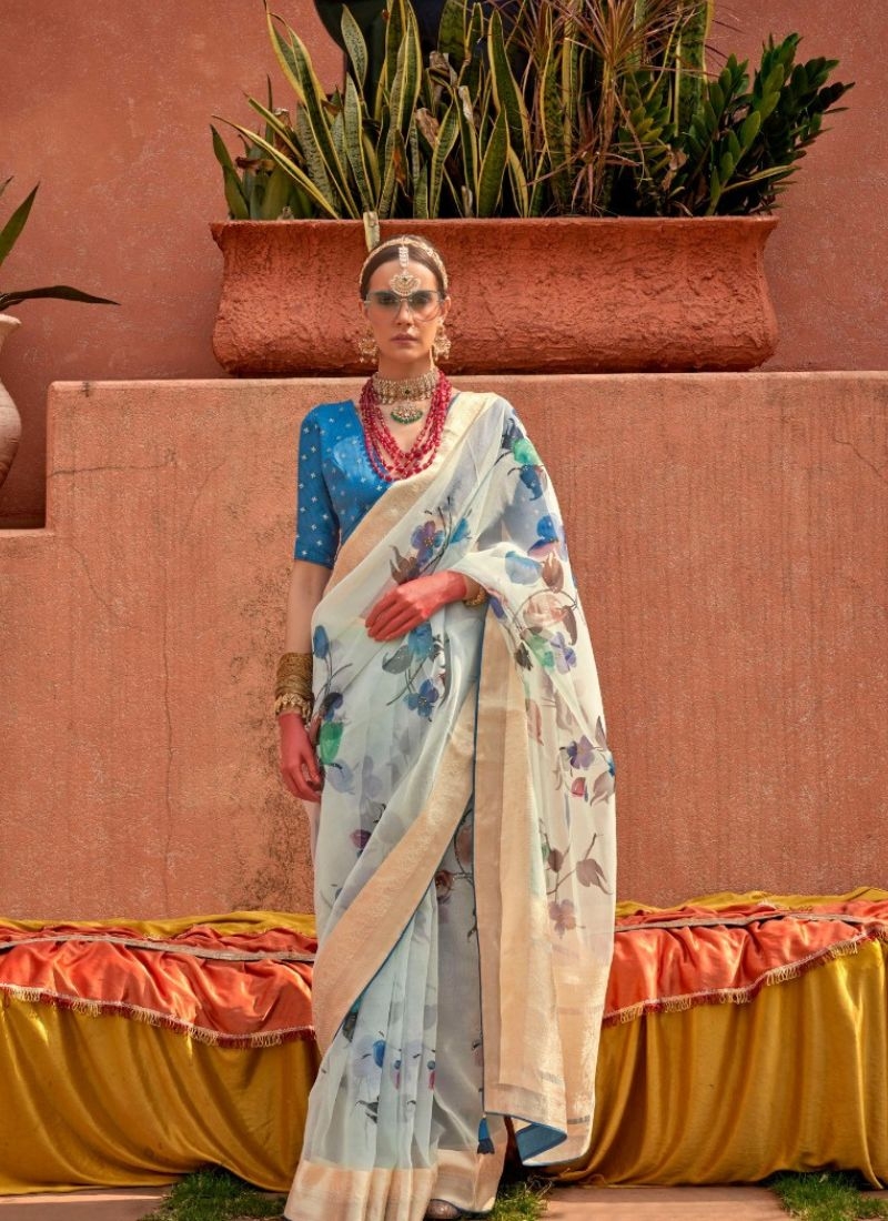 Modern organza silk saree with jacquard design in blue