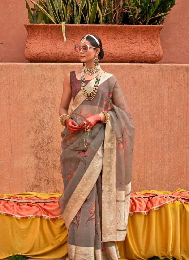 Modern organza silk saree with jacquard design in light grey