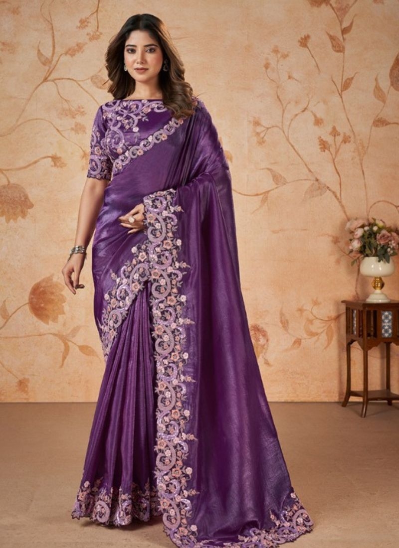 Beautiful banarsi silk saree with cord embroidered in purple