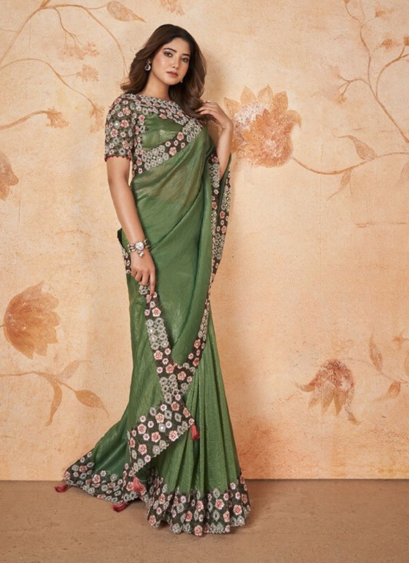 Beautiful banarsi silk saree with cord embroidered in mehndi green