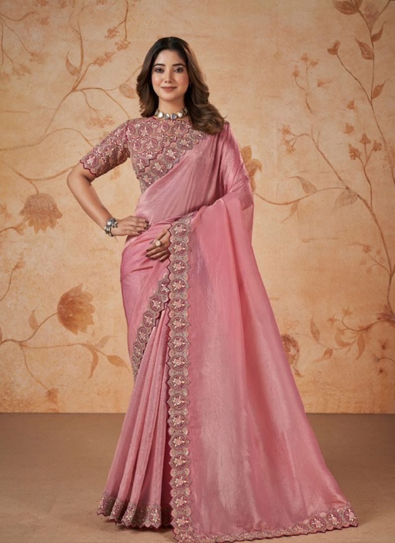 Beautiful banarsi silk saree with cord embroidered in baby pink