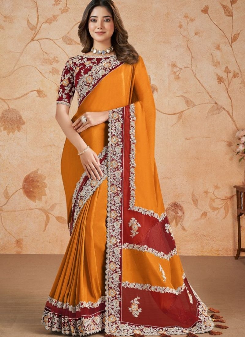 Beautiful silk georgette saree with floral embroidered in orange