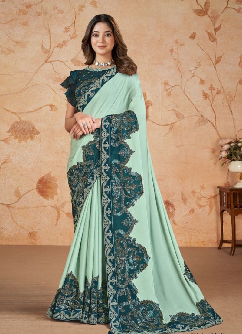 Beautiful silk georgette saree with cord embroidered in sky blue