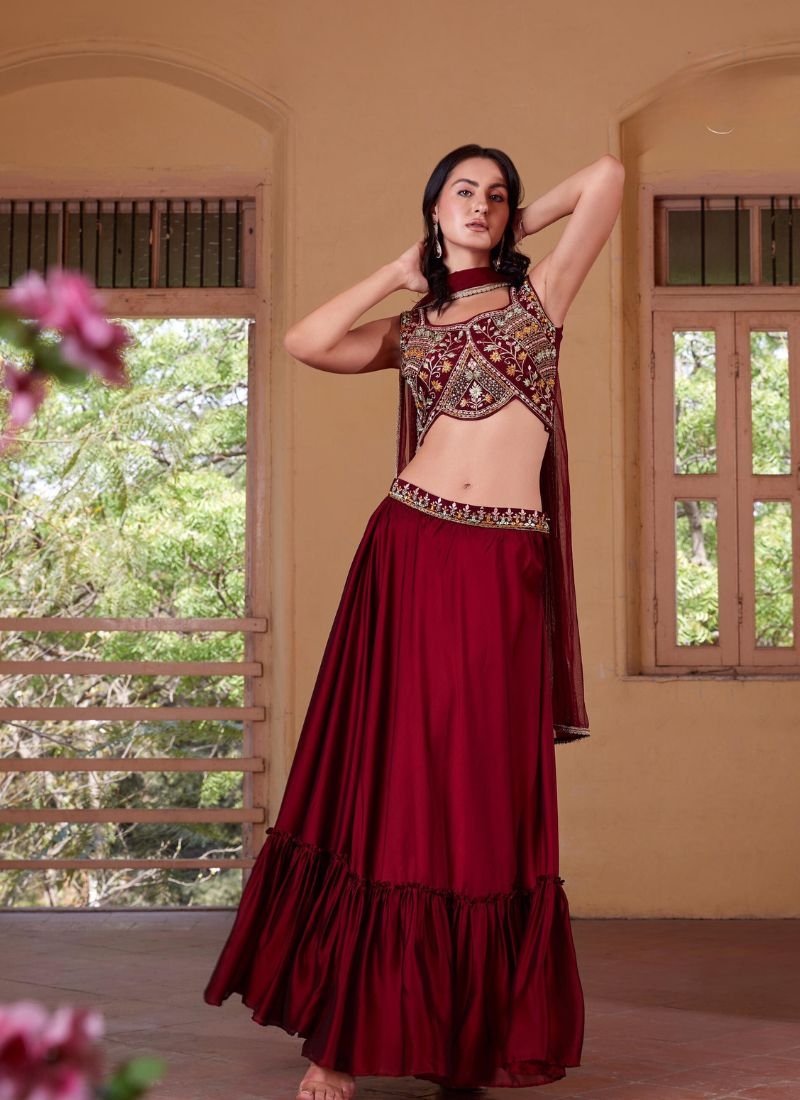 Designer georgette lehenga with hand embellishment meroon