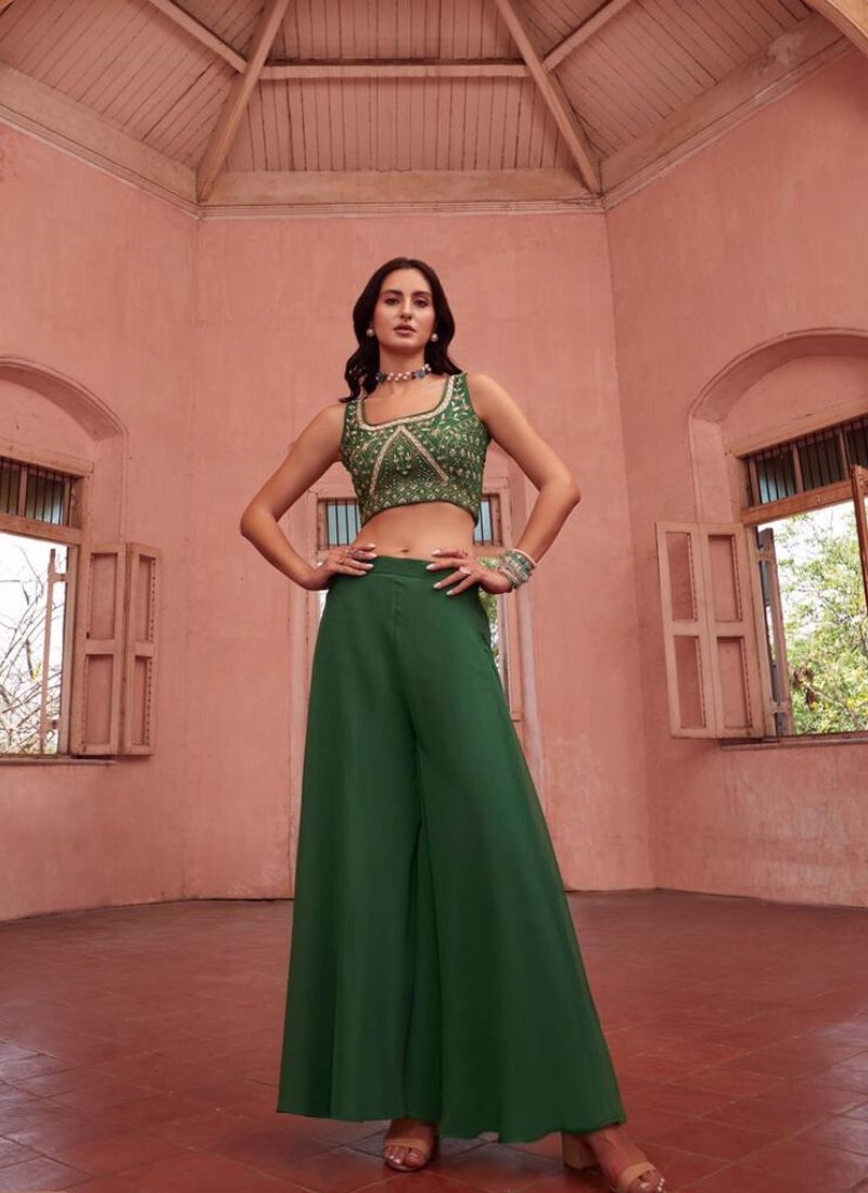 Designer georgette sharara and choli with hand embellishment in dark green