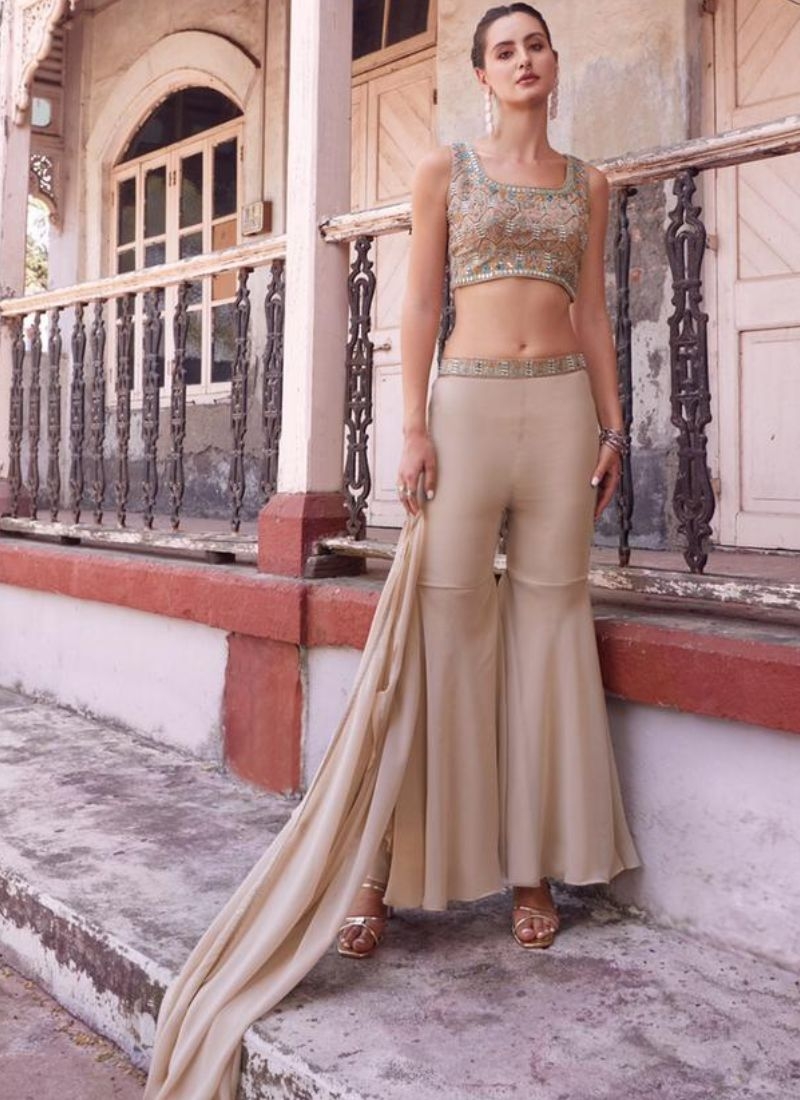 Designer georgette sharara and choli with hand embellishment in beige