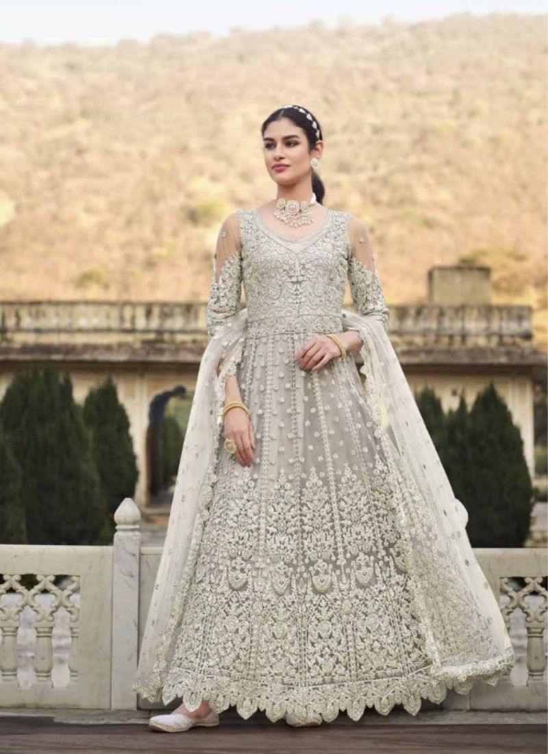 Beautiful butterfly net anarkali with stone work in grey