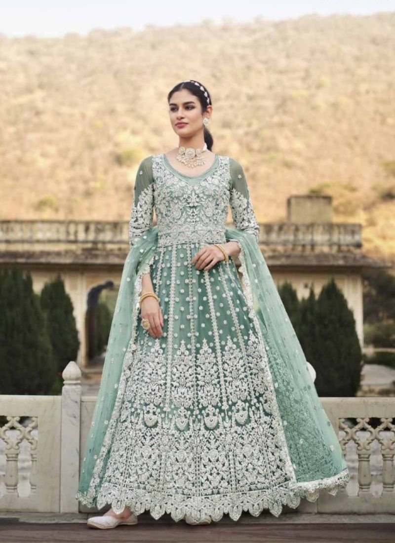 Beautiful butterfly net anarkali with stone work in light green