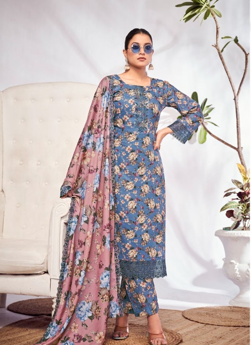 Beautiful floral printed kurta set in navy blue