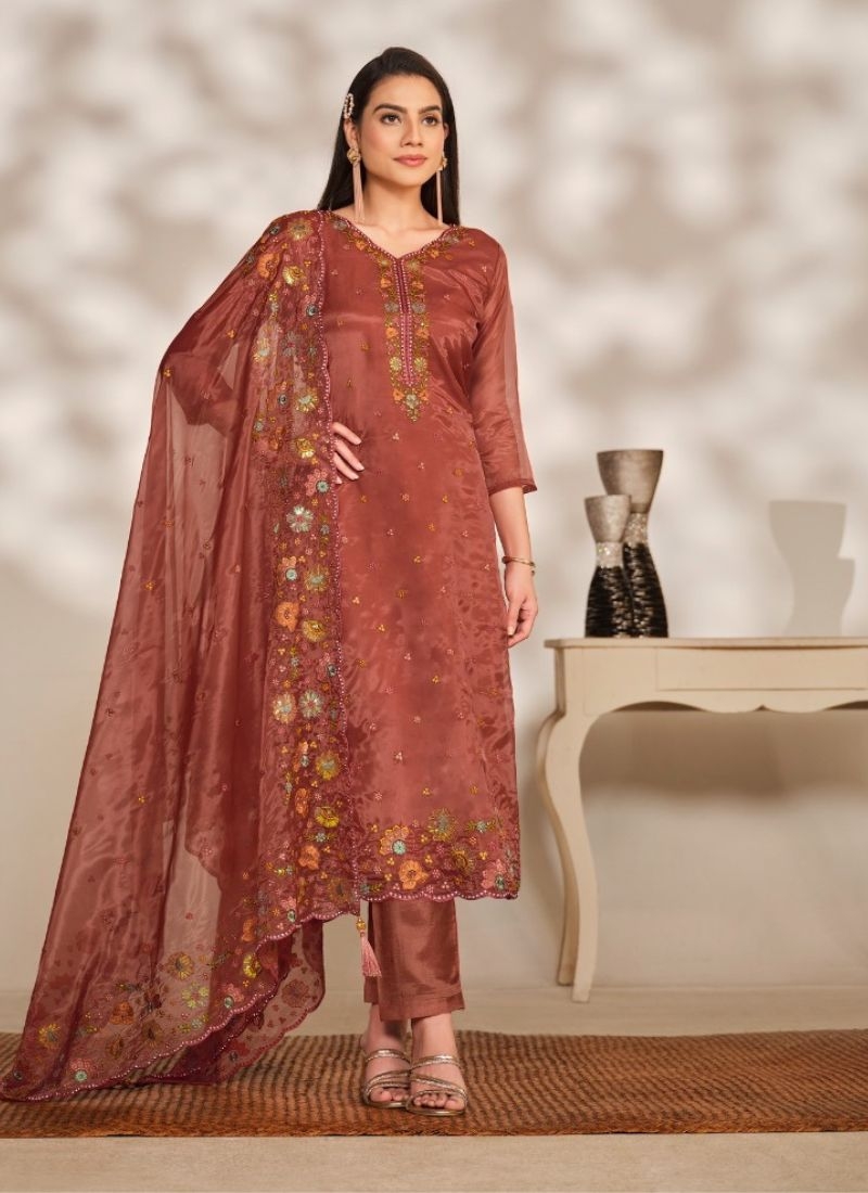 Floral Embroidered Lace Detail Kurta With Trouser & Dupatta in brown