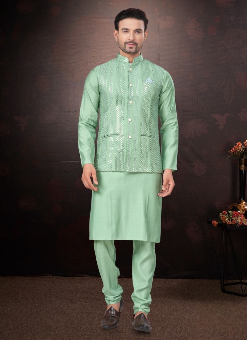 Pure silk kurta pajamas with embroidered jacket in light green