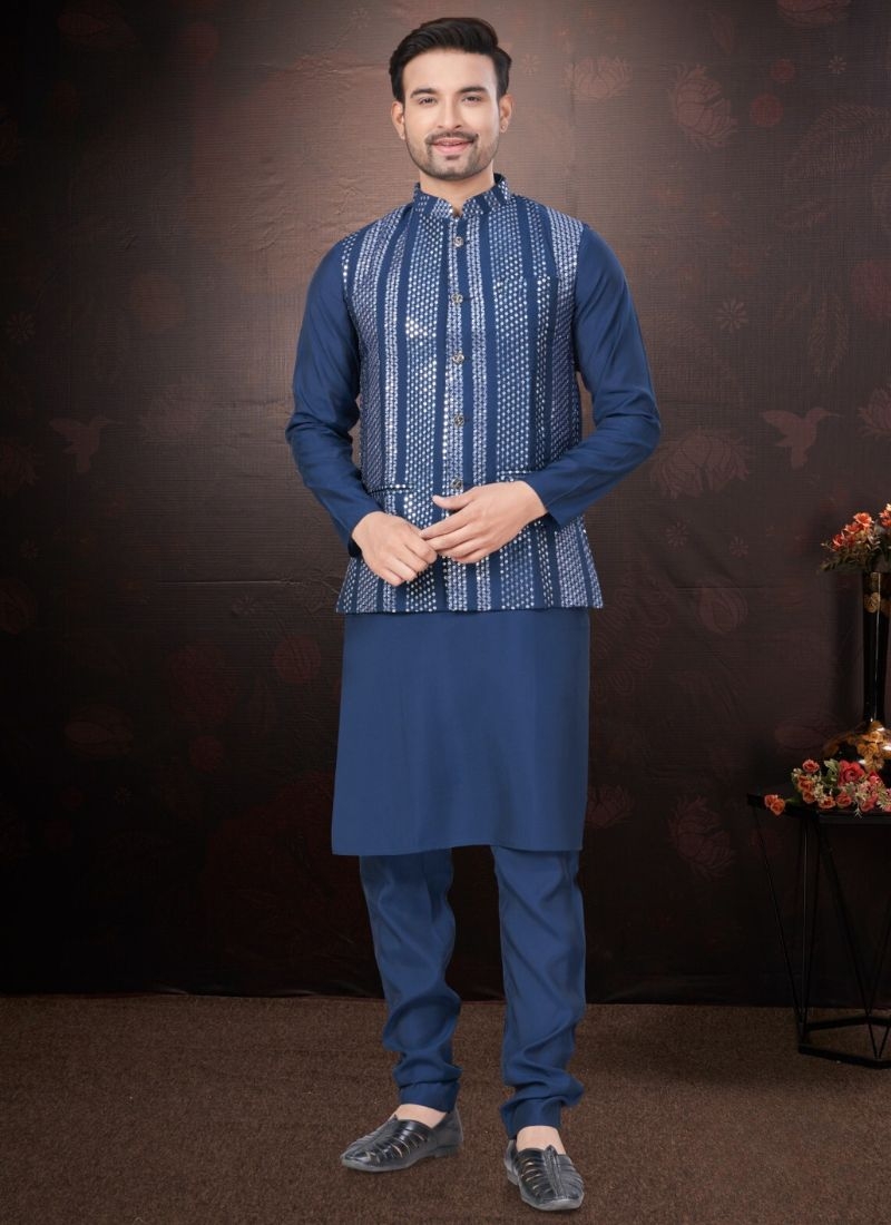 Pure silk kurta pajamas with embroidered jacket in dark blue