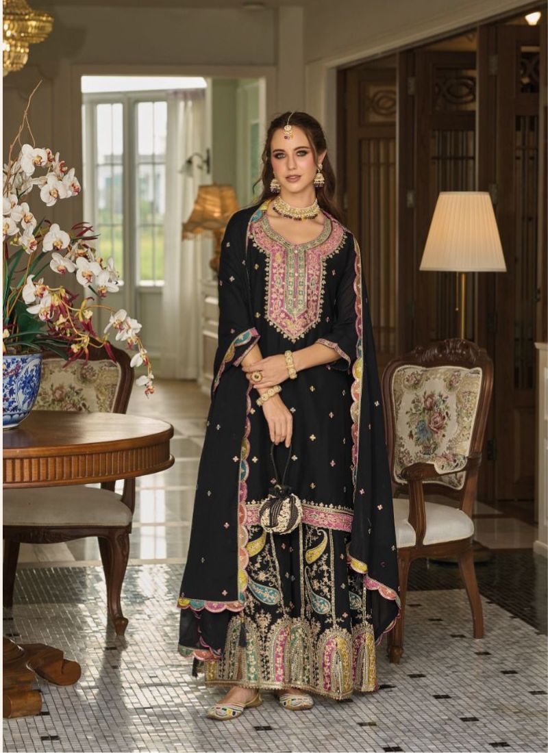 Beautiful palazzo suit with heavy floral embroidery in black