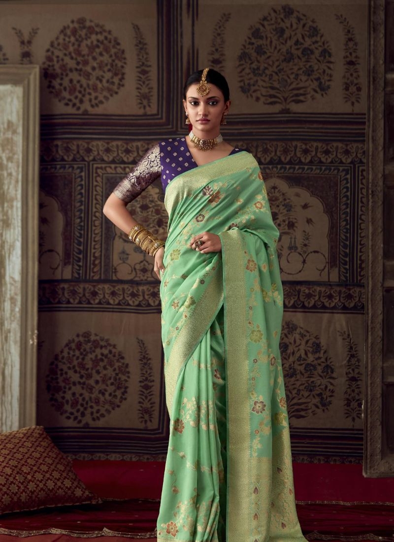 Pure dola silk saree with meenakari work in light green