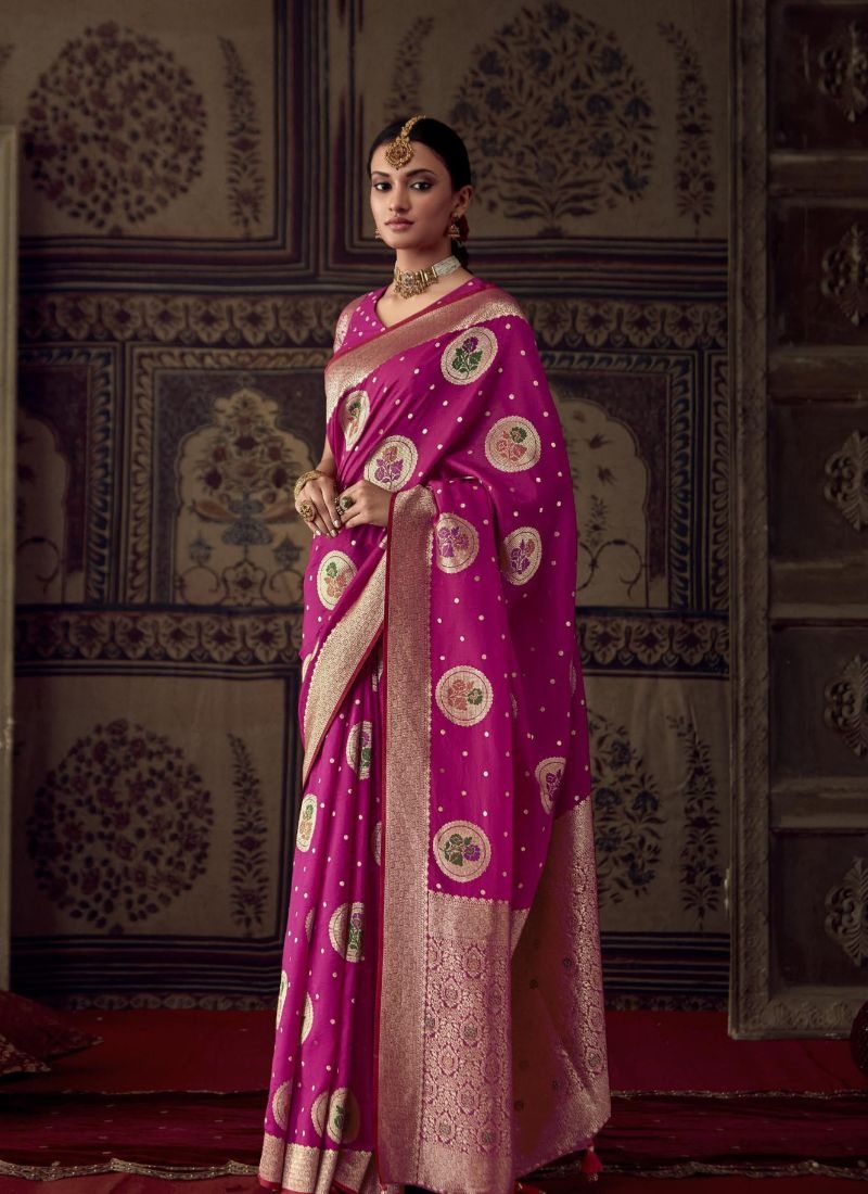 Pure dola silk saree with meenakari work in pink