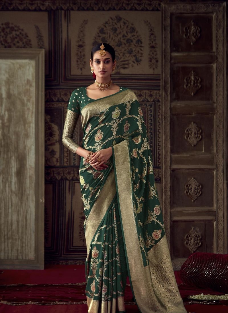 Pure dola silk saree with meenakari work in dark green