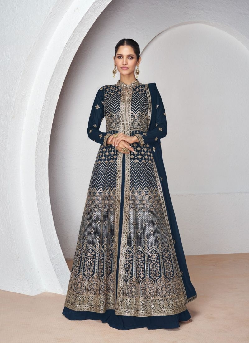 Premium georgette anarkali suit with thread embroidery in dark blue