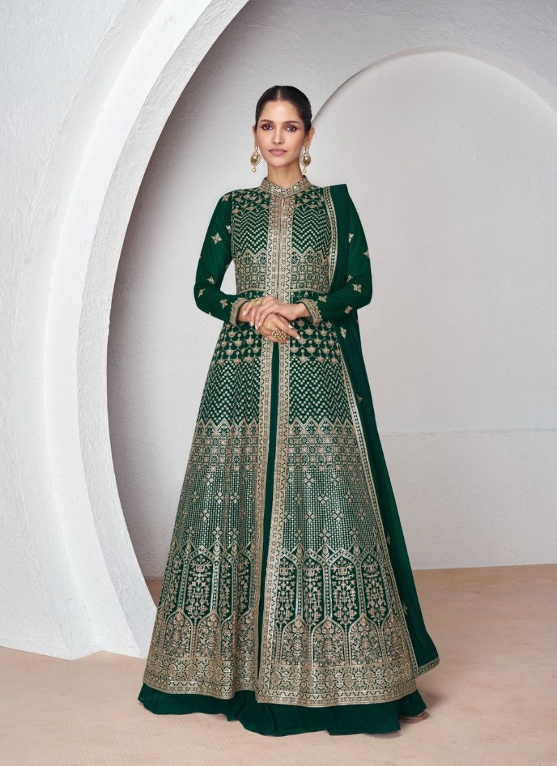 Premium georgette anarkali suit with thread embroidery in dark green