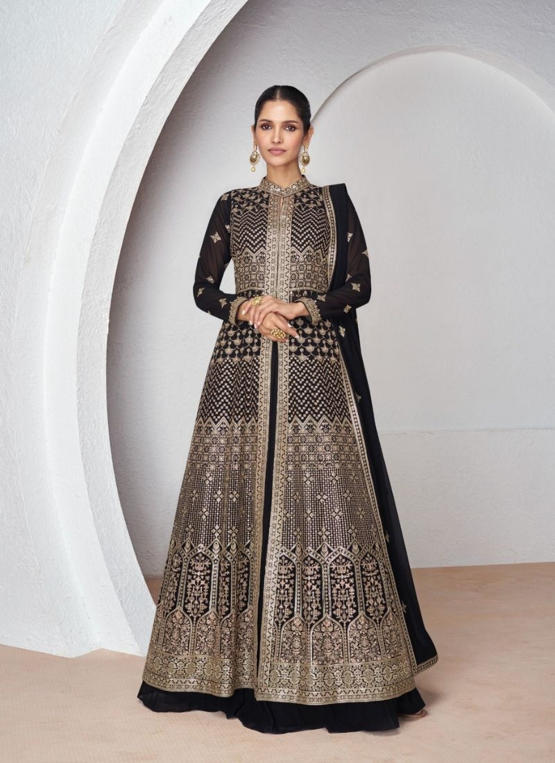 Premium georgette anarkali suit with thread embroidery in black