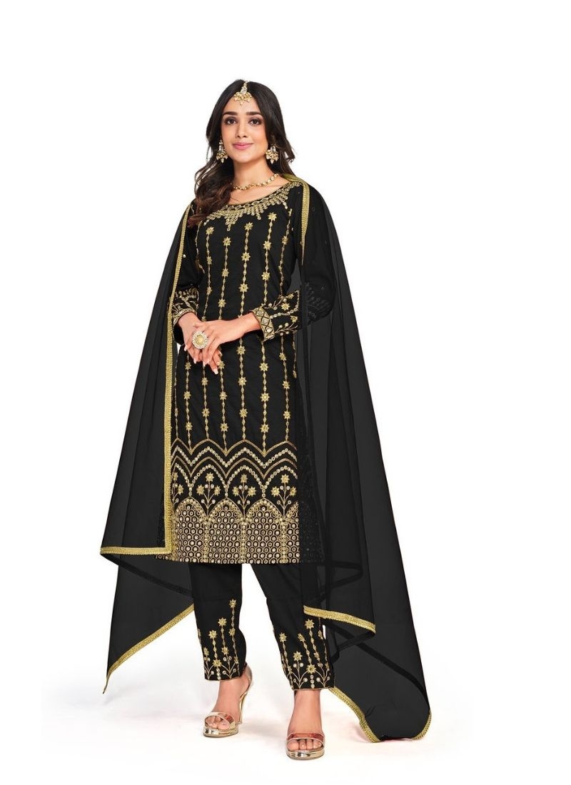 Beautiful italian soft silk kurta pant set with mirror embroidery work in black