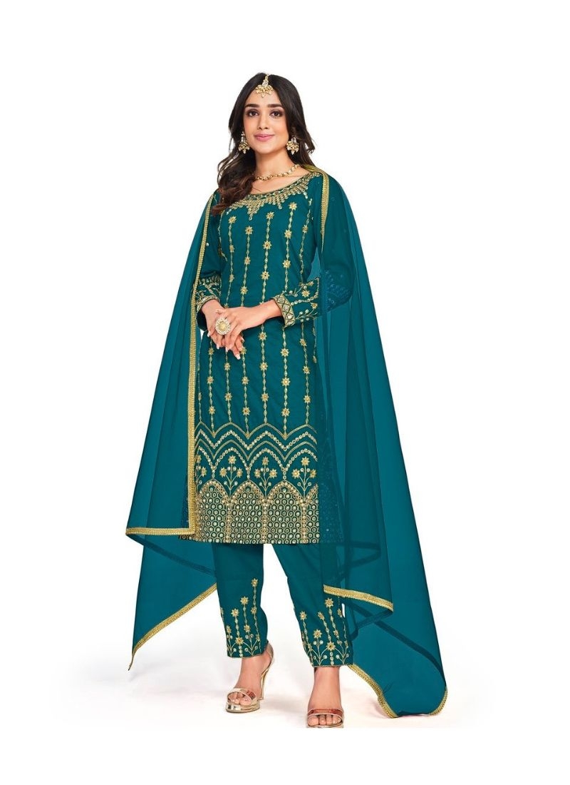 Beautiful italian soft silk kurta pant set with mirror embroidery work in dark green