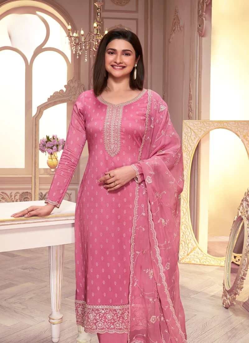 Trendy silk georgette pant kurta set with printed dupatta in pink