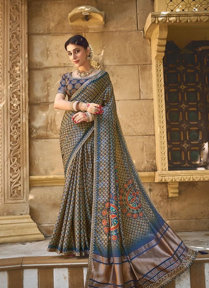 Stunning silk saree with gota embroidery in blue