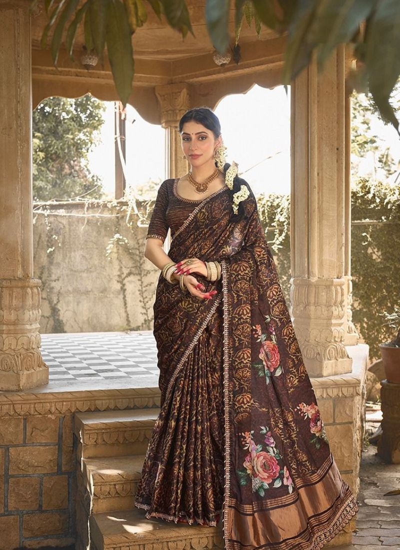 Stunning silk saree with gotta and minakari embroidery in brown