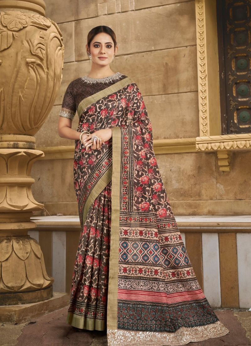 Stunning silk saree with floral printed handwork embroidery in dark brown