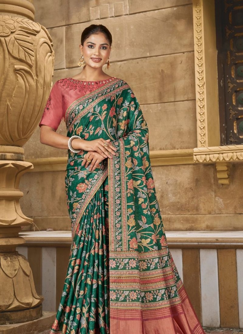 Stunning silk saree with floral printed handwork embroidery in dark green