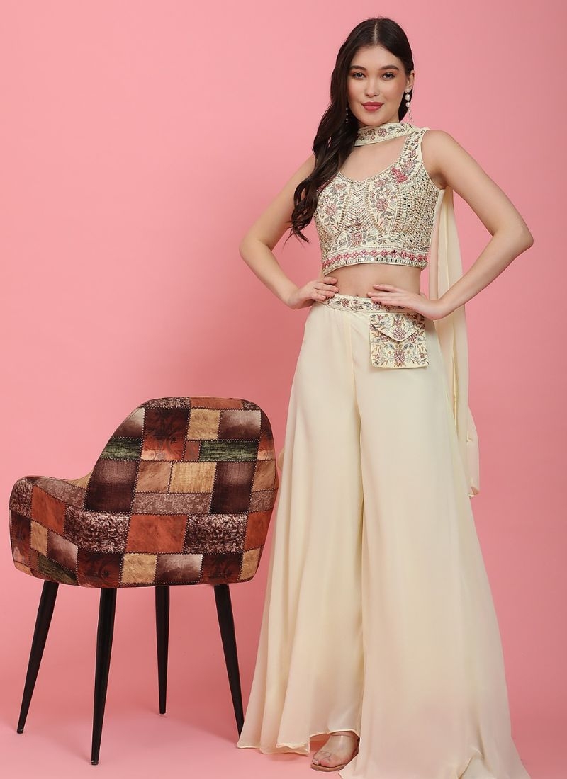 Premium georgette crop top palazzo set with heavy mirror embroidery in beige