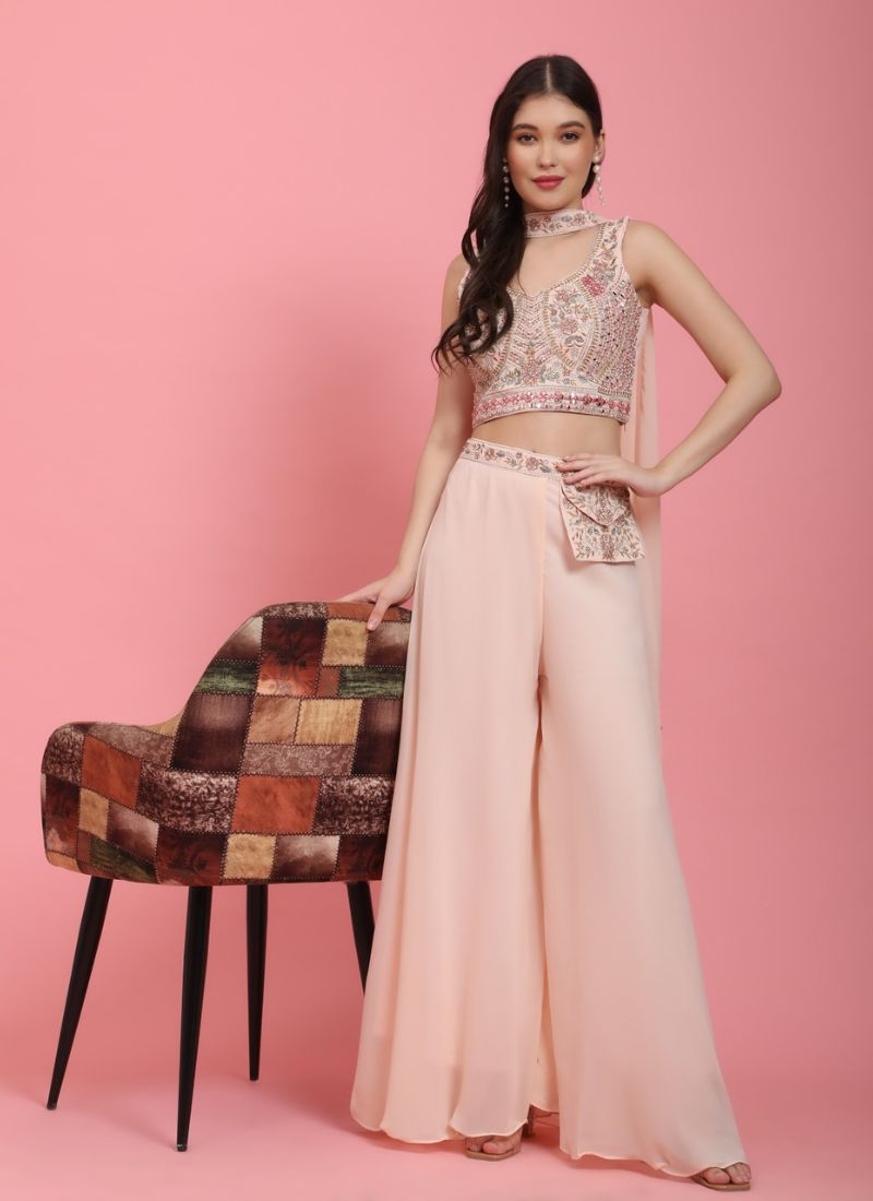 Premium georgette crop top palazzo set with heavy mirror embroidery in peach