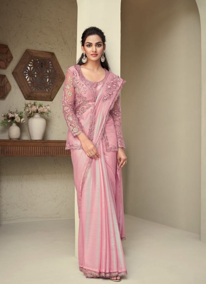 Beautiful chiffon silk saree with cut work border pink