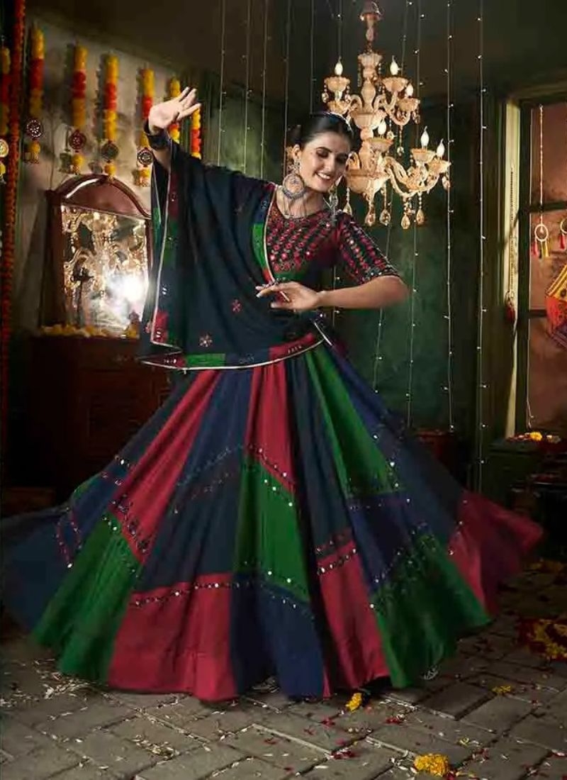 Navratri special cotton lehenga with printed blouse in dark green