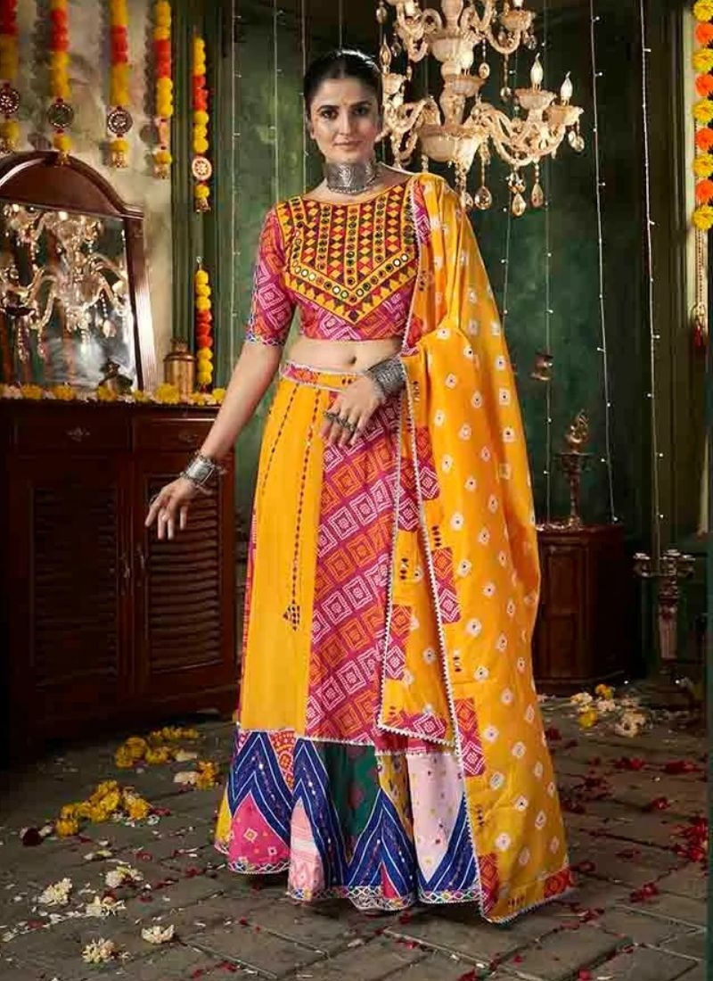 Navratri special cotton lehenga with printed blouse in yellow