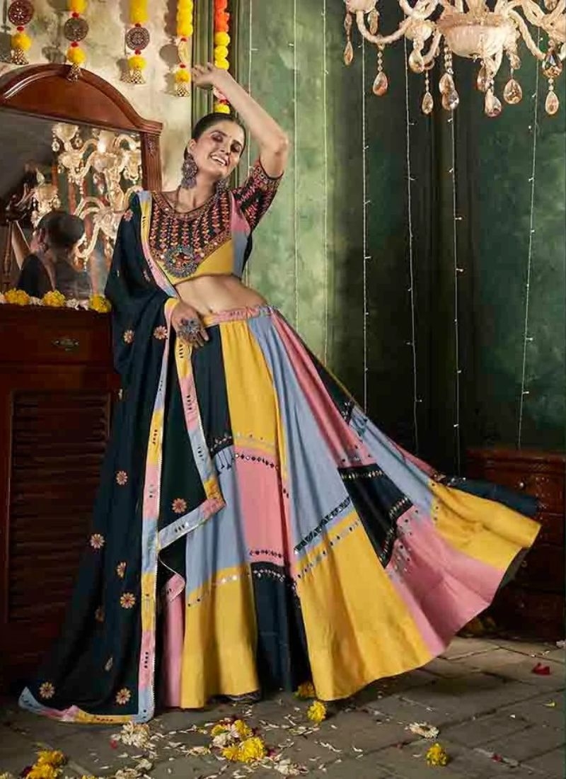 Navratri special cotton lehenga with printed blouse in navy blue